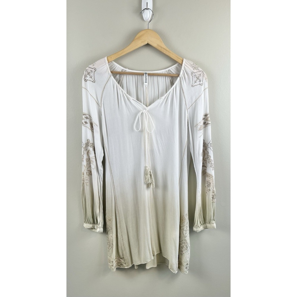 Monoreno Women's Sz S Ombre White Beige Bohemian Tunic Dress Embroidery Tassel